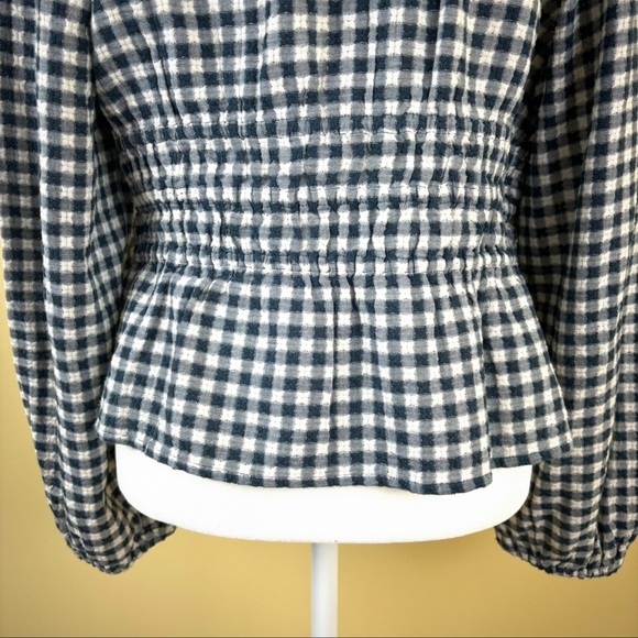 MADEWELL Navy /White Checkered Off The Shoulder Peasant Cropped Ruffle Top (L) - Picture 9 of 15